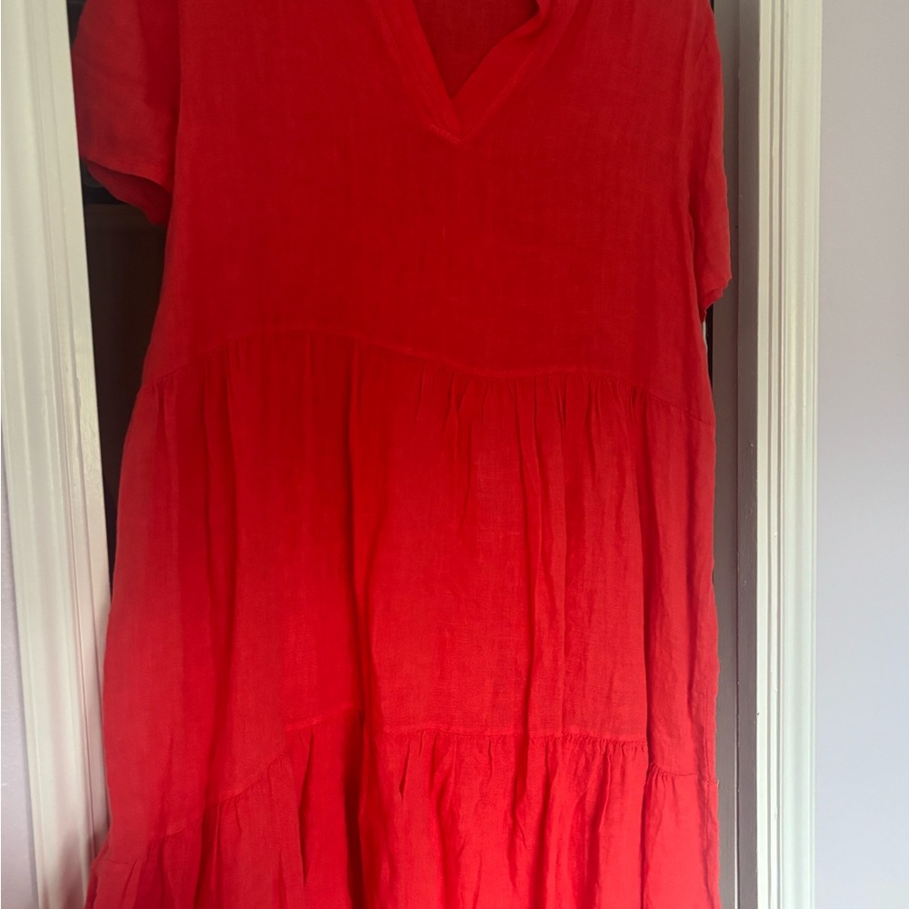 100% linen red Midi Dress